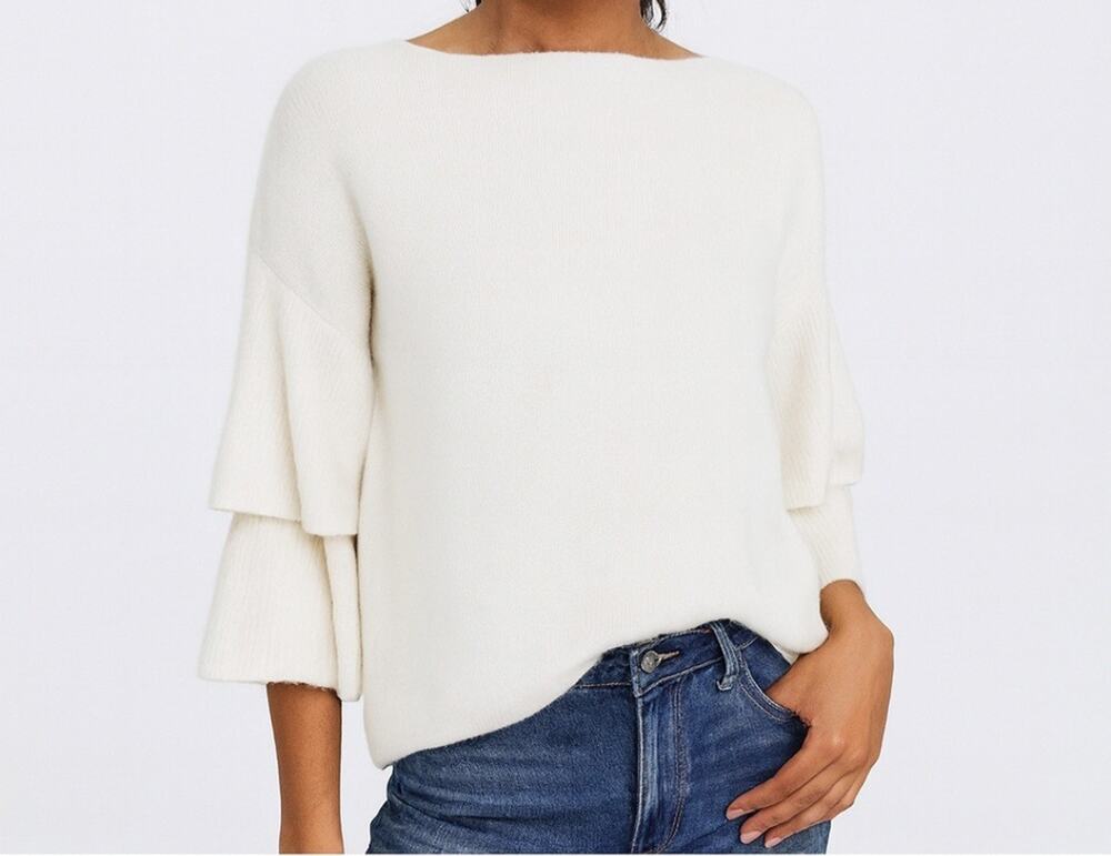Madewell Ivory Ruffle Tier-Sleeve Wool Blend Pullover Sweater Size Small